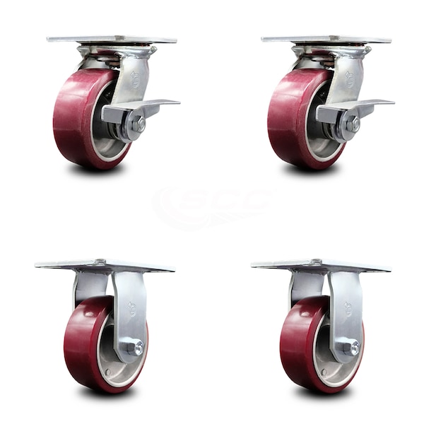 5 Inch Poly on Aluminum Caster Set with Roller Bearing 2 Brakes and 2 Rigid SCC